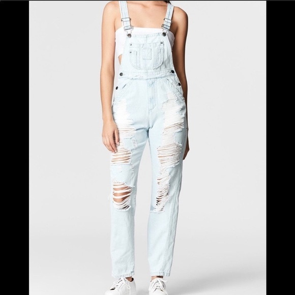 LF Ripped White Jean Overalls - Picture 1 of 7